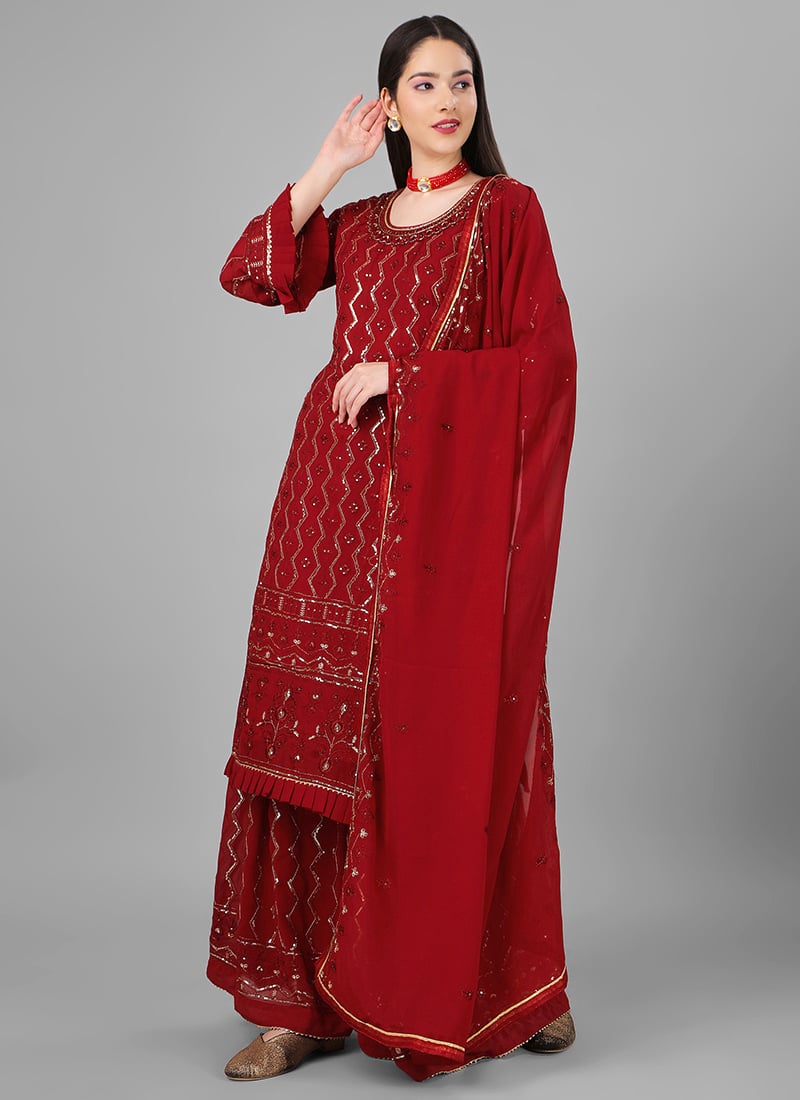 Faux Georgette Maroon Palazzo Suit With Elegant Sequins Embroidery And Dupatta Festive Wear