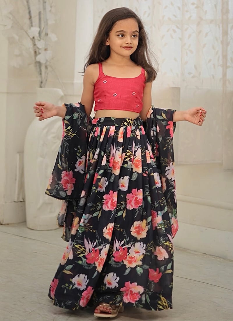 Faux Georgette Printed Kids Girls Umbrella Lehenga