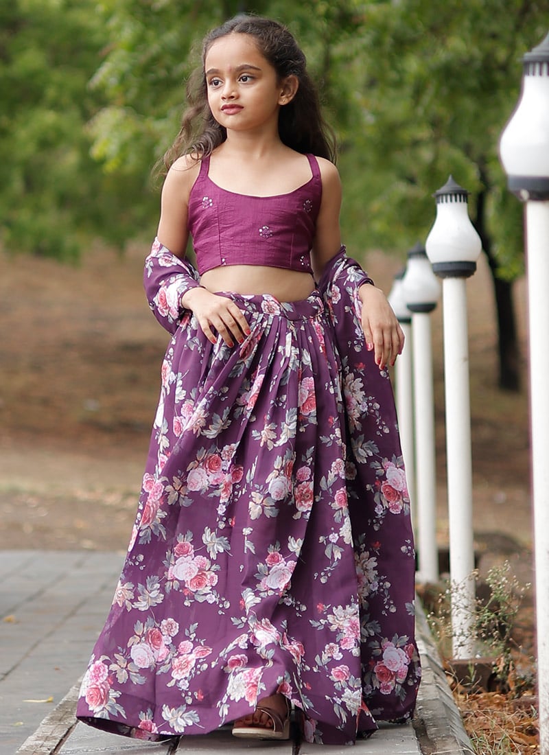Faux Georgette Printed Kids Girls Umbrella Lehenga Party Wear