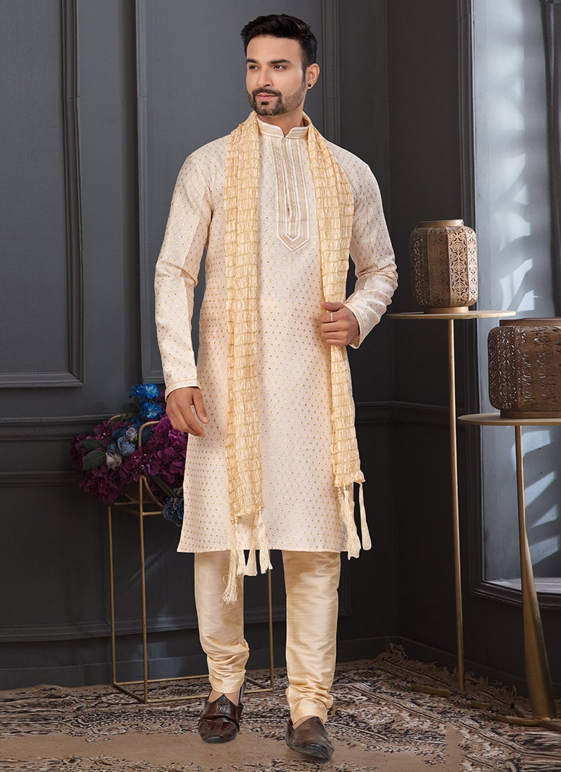 Fawn Banarasi Jacquard Silk Kurta Pyjama Festive Wear