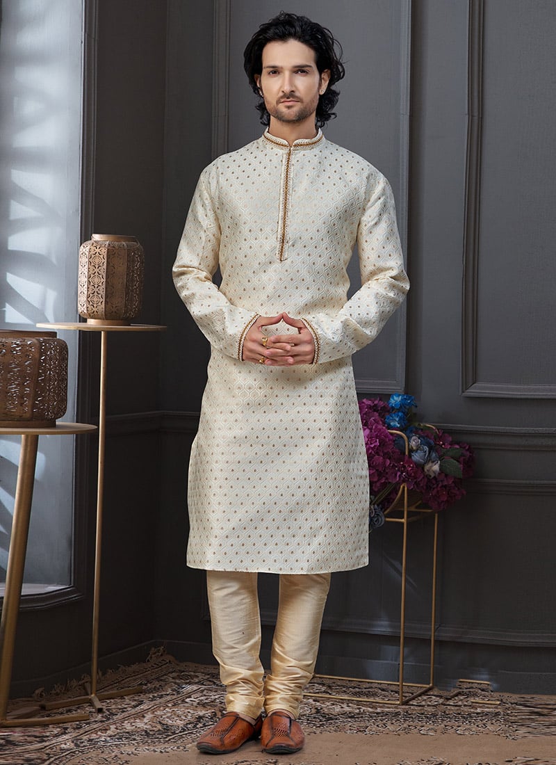 Fawn Banarasi Jacquard Silk Kurta Pyjama Festive Wear