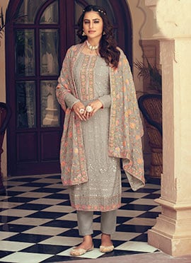 Fawn Brown Georgette Embroidery Straight Pant Suit