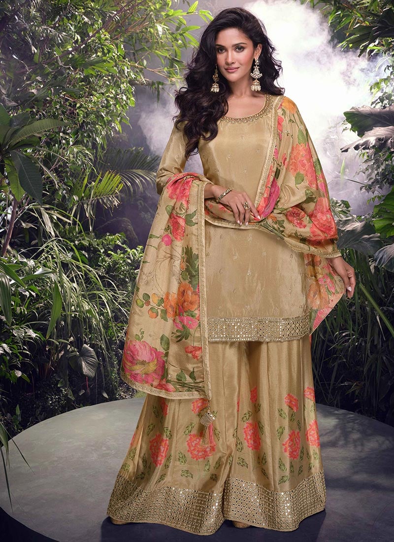 Fawn Chinon Silk Embroidered Sequins And Digital Print Palazzo Suit Festive Wear