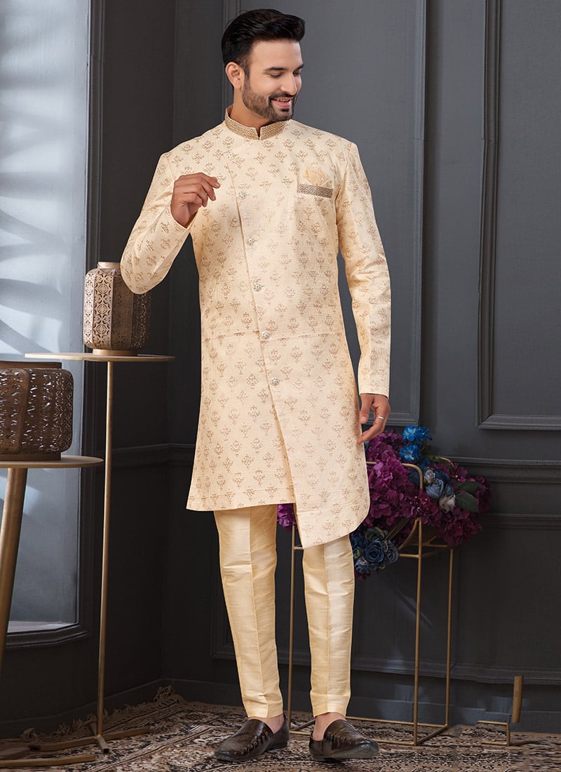 Fawn Jacquard Silk Embroidered Sequins Indowestern Sherwani Wedding Wear