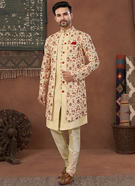 Fawn Malbari Banarasi Silk Digital Print Indowestern Sherwani