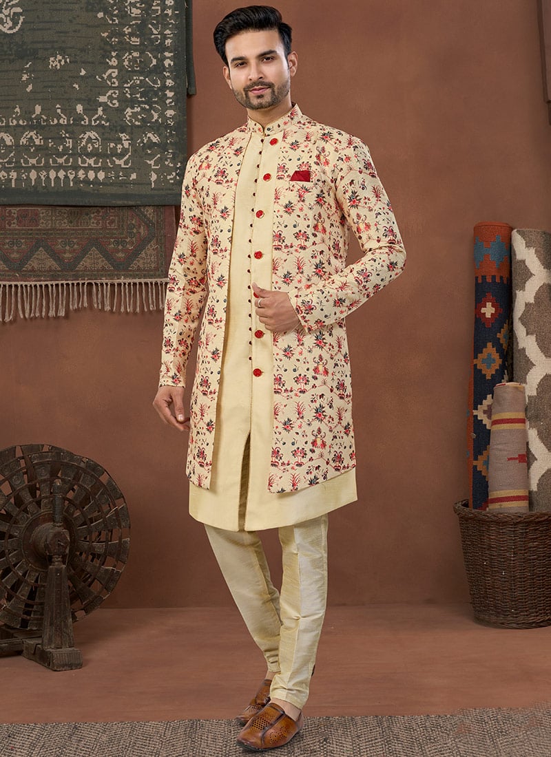 Fawn Malbari Banarasi Silk Digital Print Indowestern Sherwani Wedding Wear