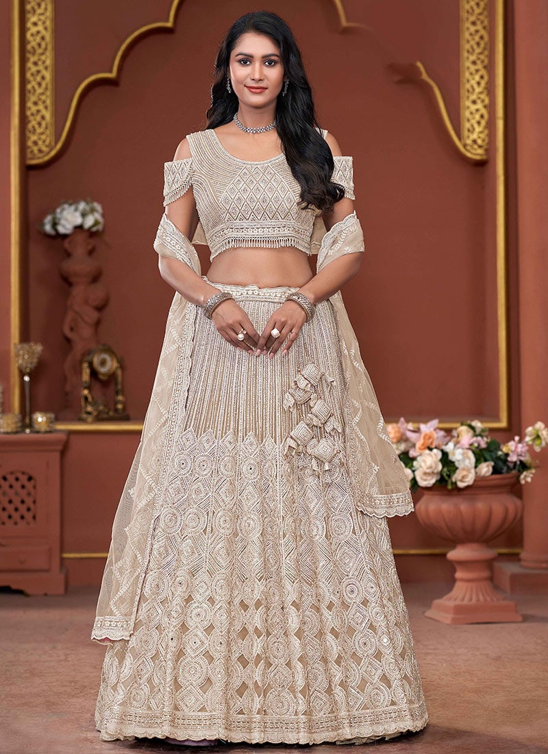 Fawn Net Embroidered Stone Sequins Classy Lehenga Wedding Wear