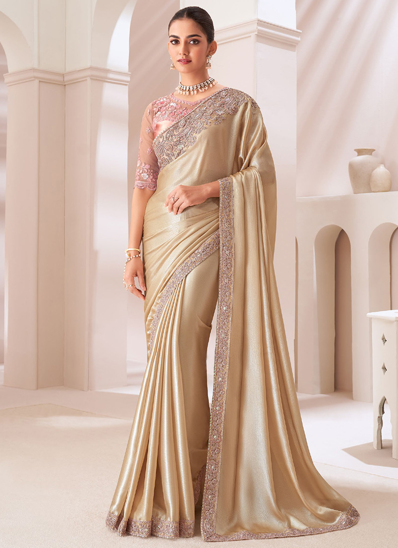 Fawn Satin Chiffon Embroidered And Sequins Saree Festive Wear