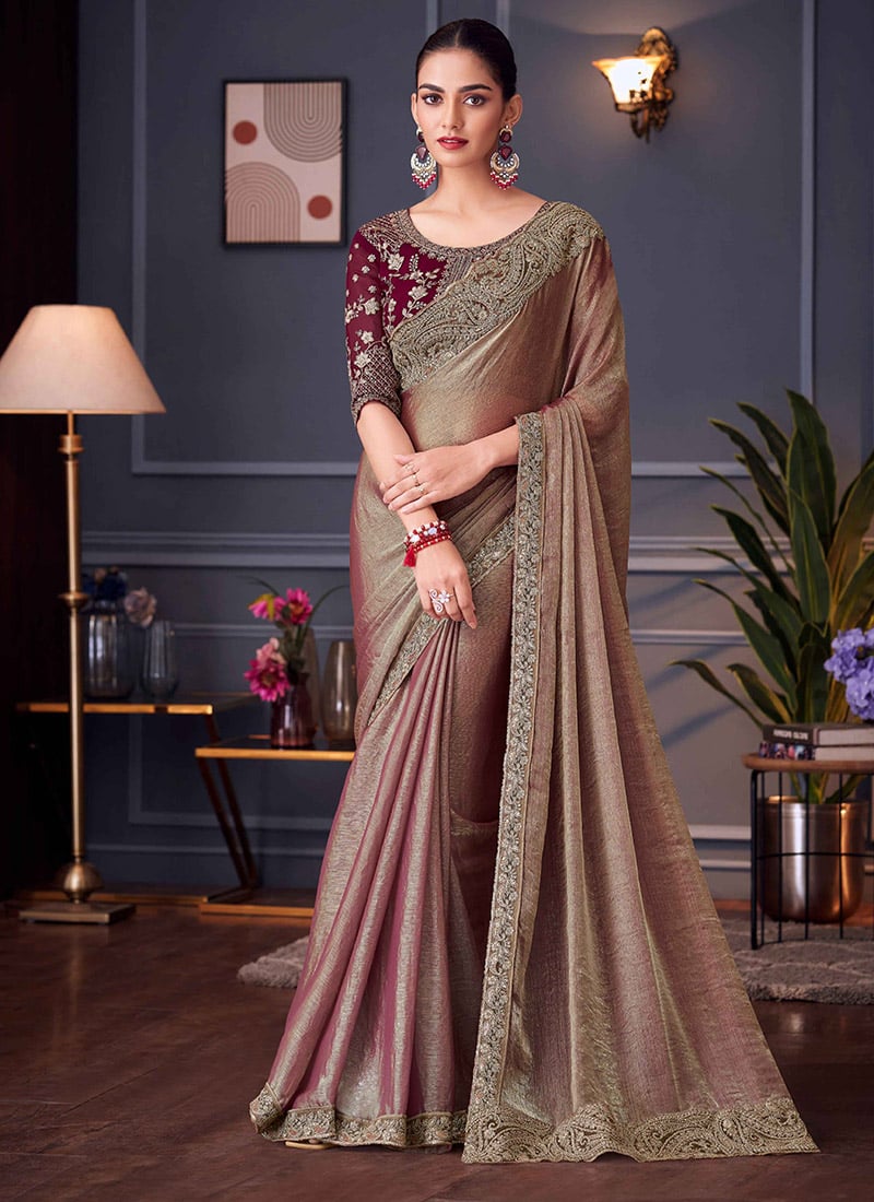 Fawn Silk Embroidered Sequins Chic Saree