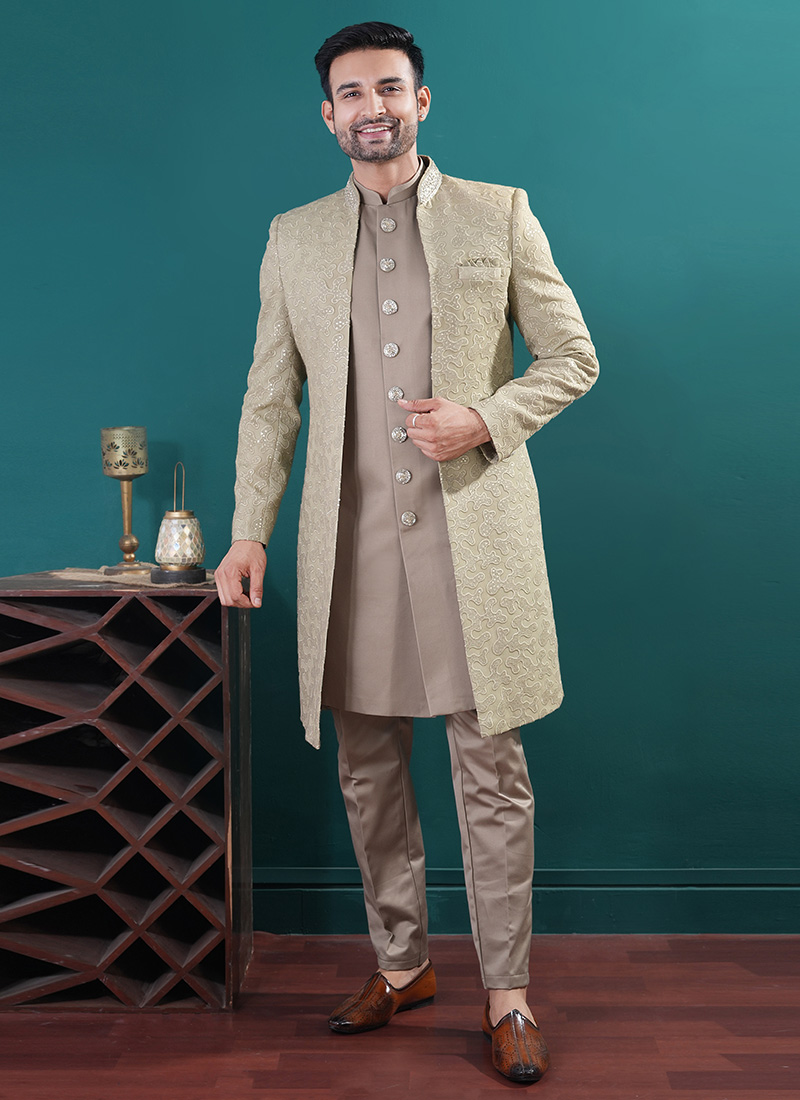 Fawn Silk Embroidered Sequins Indowestern Sherwani Wedding Wear