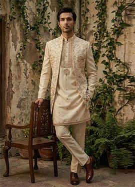 Fawn Silk Sequins Embroidered ndowestern Sherwani Set