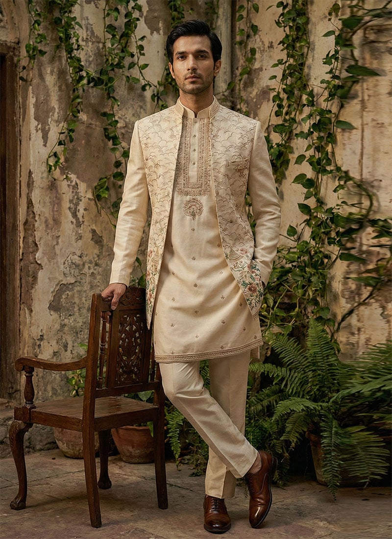 Fawn Silk Sequins Embroidered ndowestern Sherwani Set Wedding Wear
