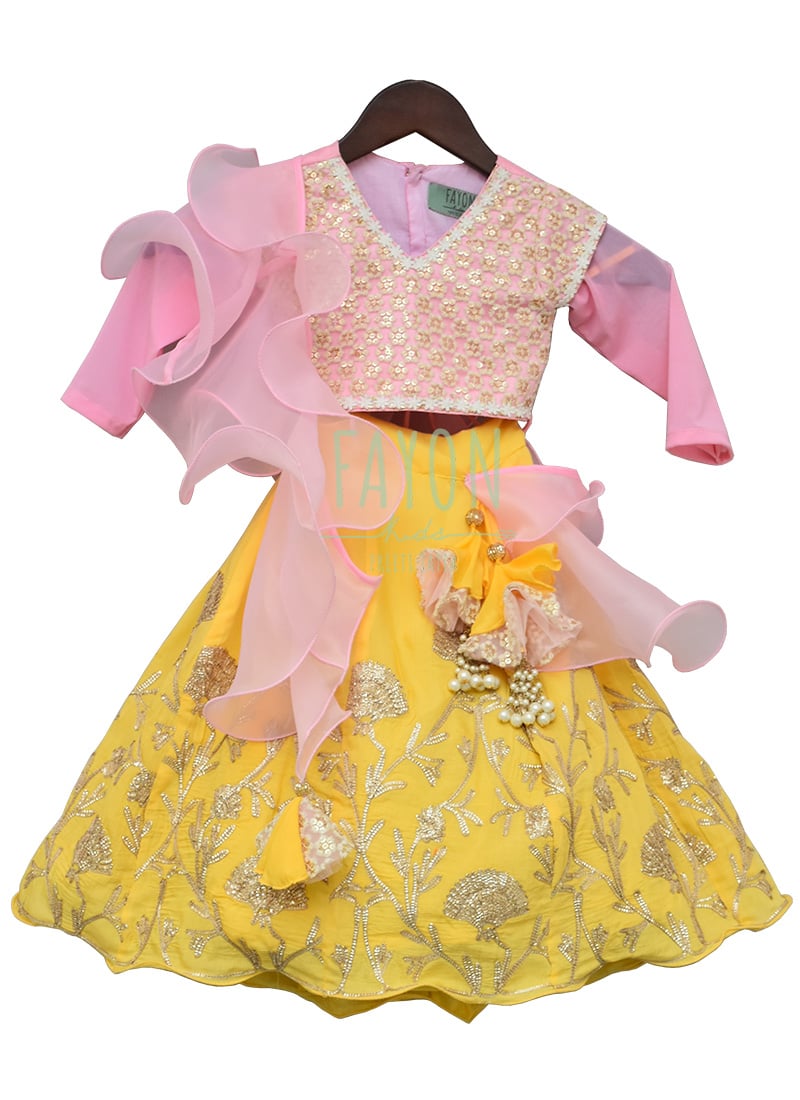 Fayon Kids Pink N Yellow Embroidered Lehenga