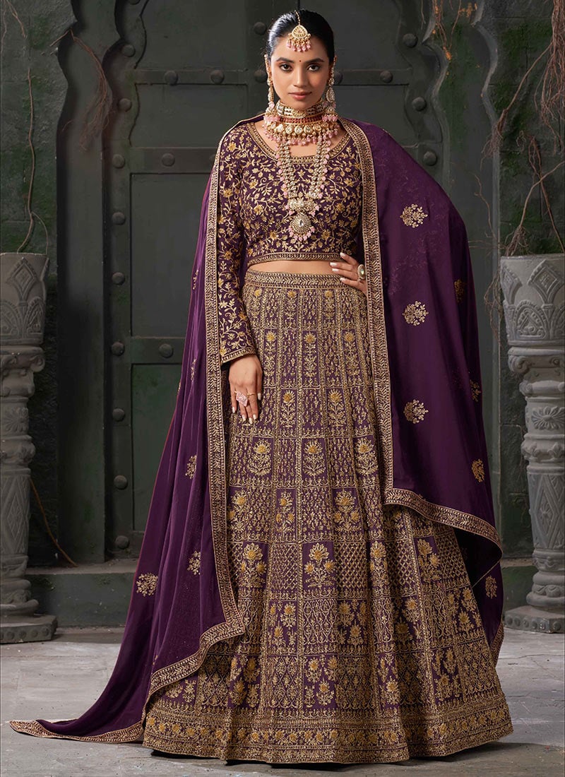 Feminine Allure In Purple Georgette Zari Zarkan Embroidered Lehenga