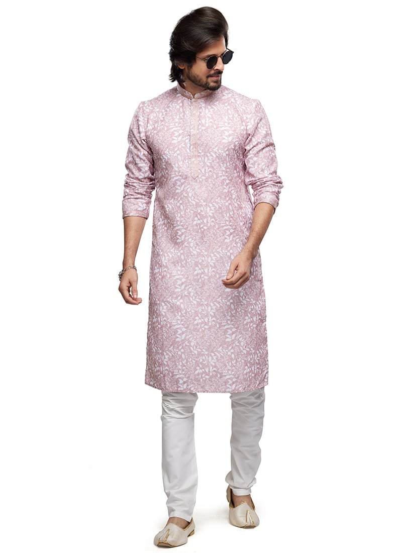 Festive Blended Cotton Printed Thread Kurta Pyjama Party Wear
