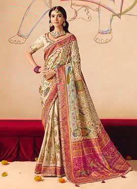 Festive Cream Dola Silk Zari Embroidered Sequins Cut Work Jacquard Print Saree