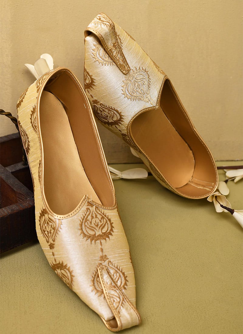 Festive Fawn Dupion Silk Embroidered Mojri