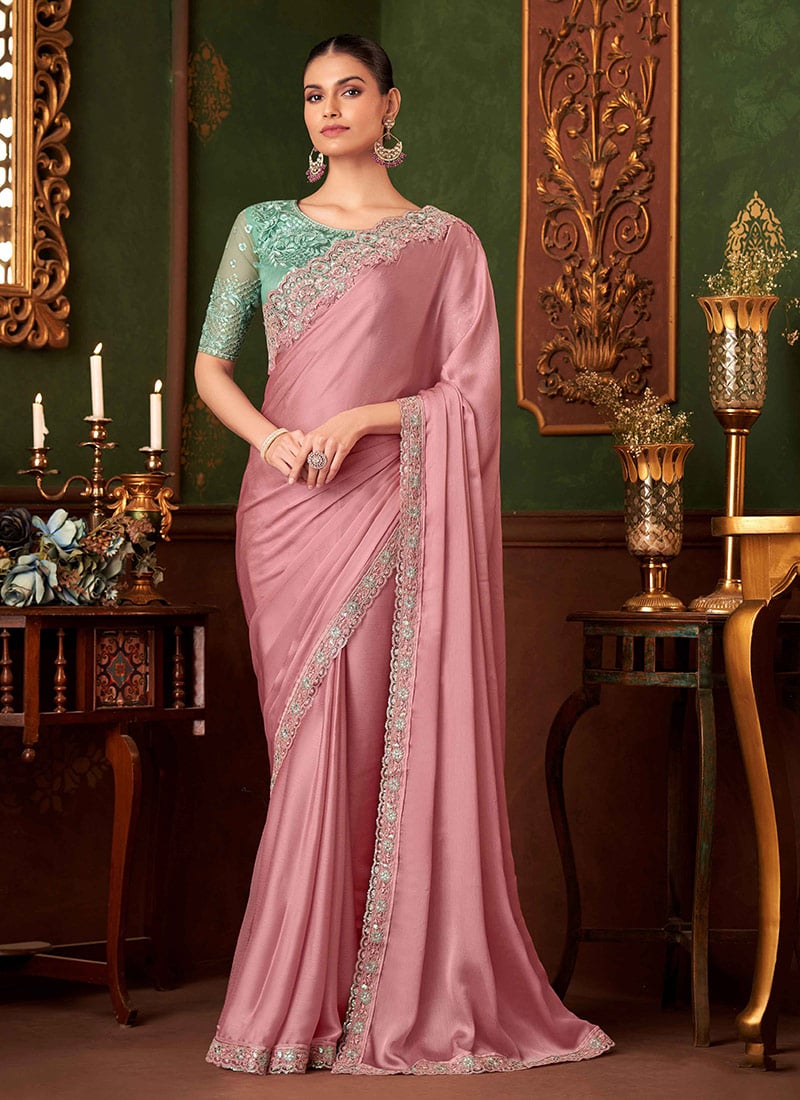 Festive Flair Pink Chiffon Silk Zari Embroidered Sequins Saree Wedding Wear