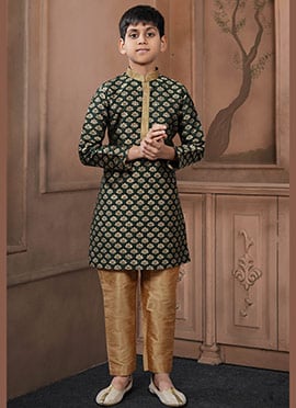Festive Green Jacquard Silk Zari Kids Boys Kurta Pyjama