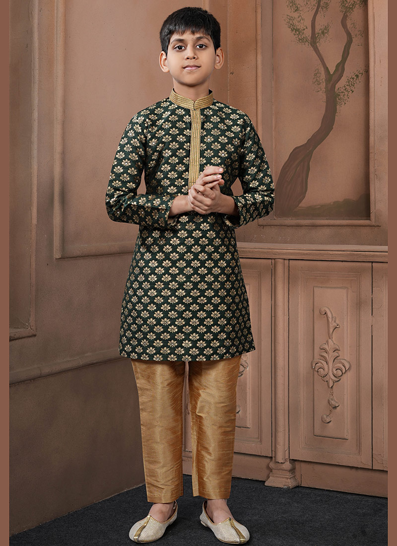 Festive Green Jacquard Silk Zari Kids Boys Kurta Pyjama Festive Wear
