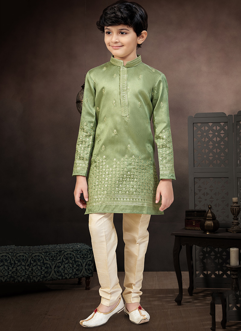 Festive Green Soft Silk Tikki Work Kids Boys Kurta Pyjama Festive Wear