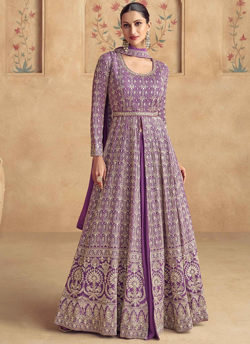 Festive Lavender Georgette High Slit Anarkali With Gota And Shimmering Sequins Wedding Wear
