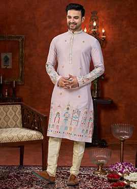 Festive Light Purple Malai Silk Embroidered Kurta Pyjama
