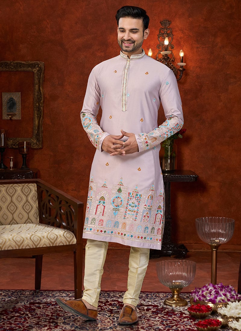 Festive Light Purple Malai Silk Embroidered Kurta Pyjama Festive Wear