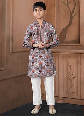 Festive Multicolored Cotton Printed Kids Boys Kurta Pyjama