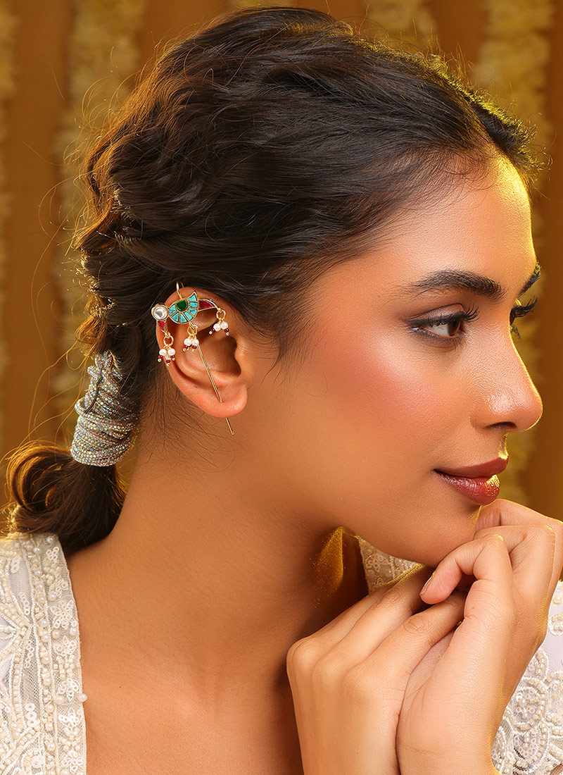 Festive Multicolored Kundan Beads Ear Cuffs And Clips Festive Wear