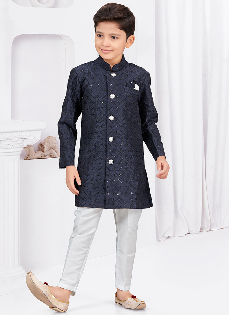 Festive Navy Blue Banarasi Silk Sequins Indowestern Sherwani
