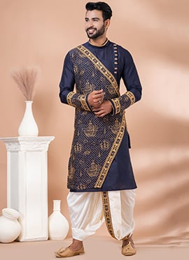 Festive Navy Blue Viscose Kurta With Embroidery And Dhoti Style Pyjama
