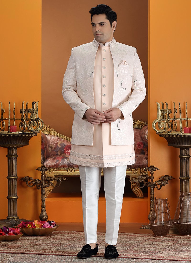 Festive Pink Silk Sequins Embroidered Thread Mirror Lace Indowestern Sherwani Wedding Wear