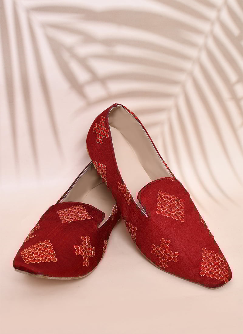 Festive Red Dupion Silk Embroidered Mojri