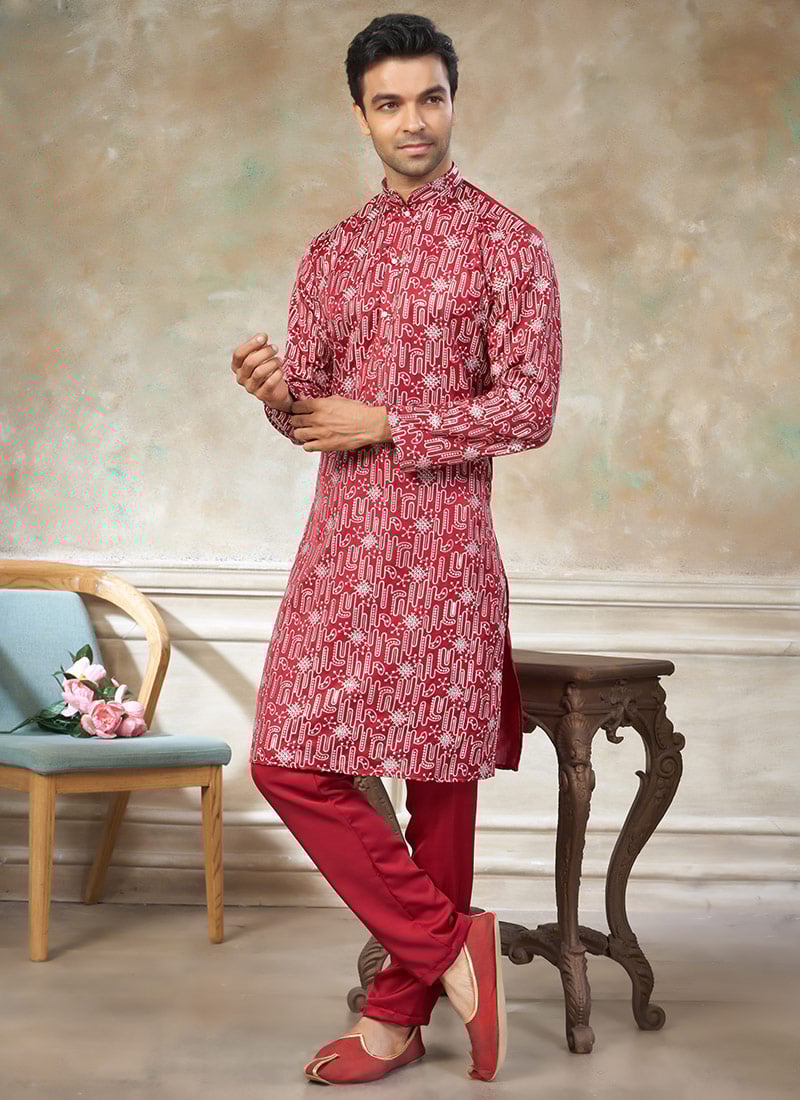 Festive Red Silk Thread Embroidered Kurta Pyjama Festive Wear