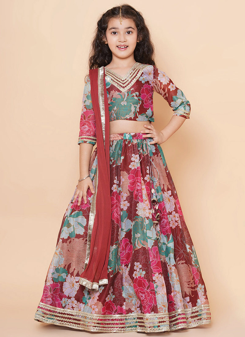 Festive Silk Printed Kids Girls Umbrella Lehenga