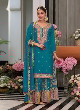 Festive Wear Rama Green Chinon Suit With Zari Work And Sequin Embroidery