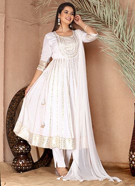 Festive White Rayon Gota Embossed Anarkali With Coordinated Dupatta