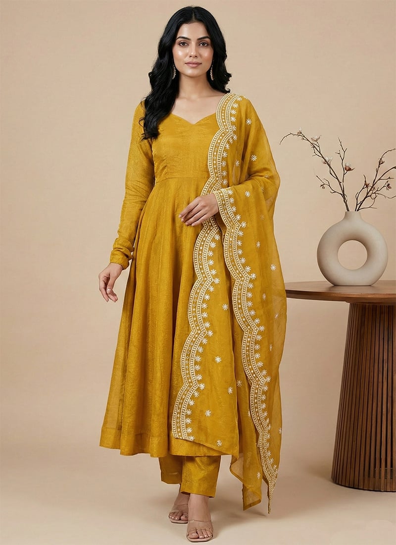Festive Yellow Fendy Silk Embroidered Sequins Anarkali Suit Festive Wear