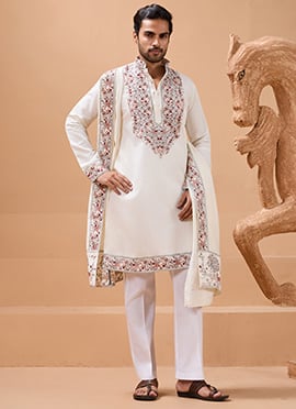 Fiery Red Viscose Silk Embroidered Sequins Thread Kurta