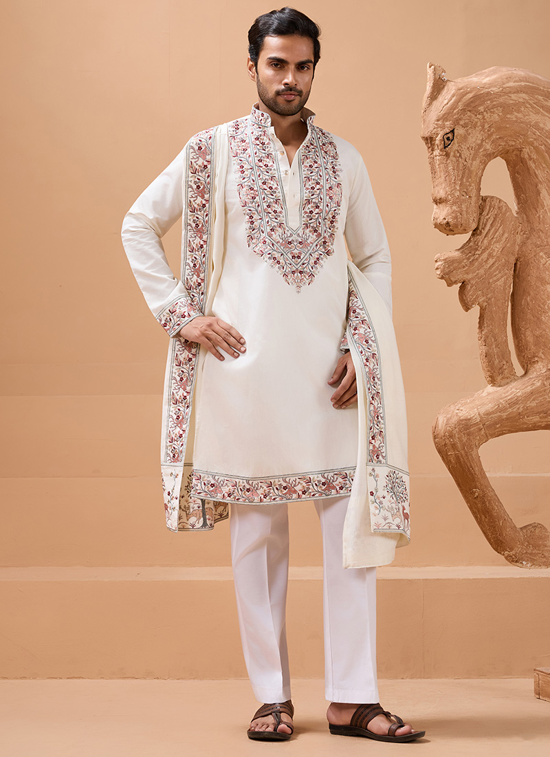 Fiery Red Viscose Silk Embroidered Sequins Thread Kurta