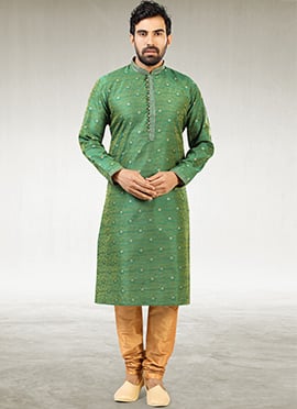 Fine Green Jacquard Silk Brocade Kurta Pyjama