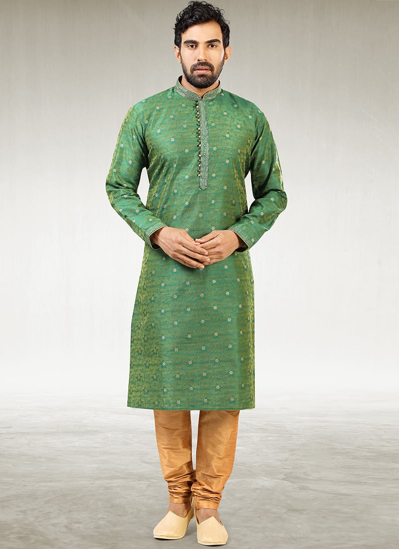 Fine Green Jacquard Silk Brocade Kurta Pyjama