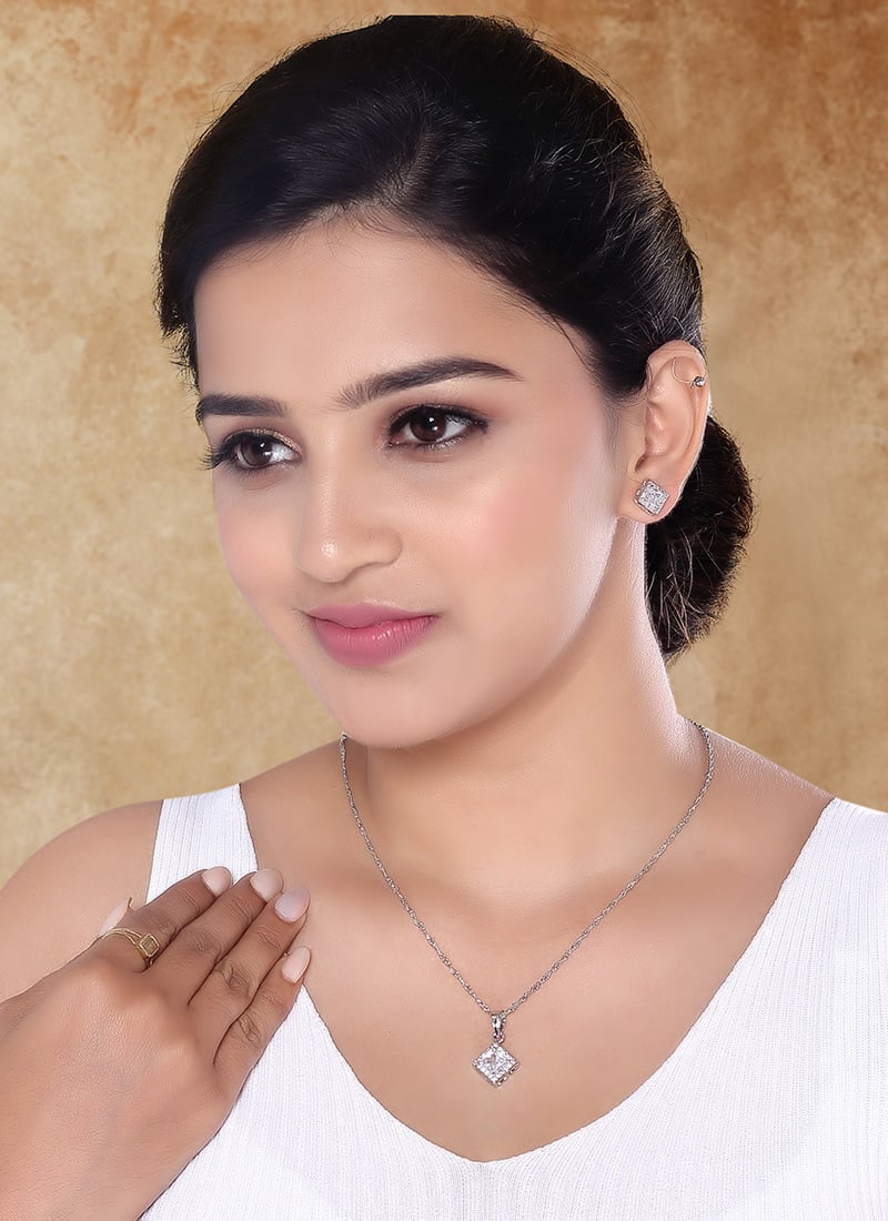 Fine Silver American Diamond Stone Pendant Set Festive Wear