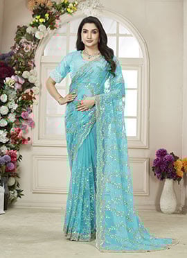 Firozi Net Hand Embroidered Sequins Beads Work Saree