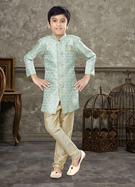 Firozi And Cream Art Silk Jacquard Indowestern Sherwani