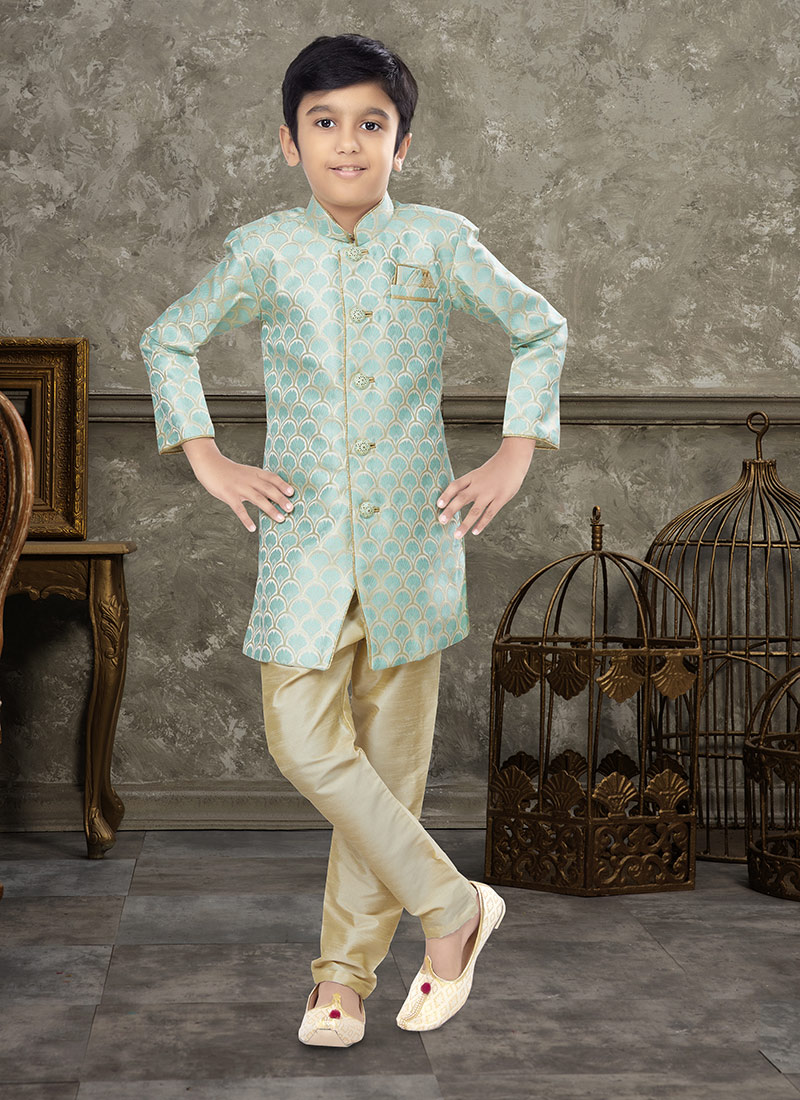 Firozi And Cream Art Silk Jacquard Indowestern Sherwani Party Wear