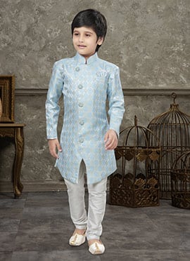 Firozi And Sky Blue Art Silk Jacquard Indowestern Sherwani