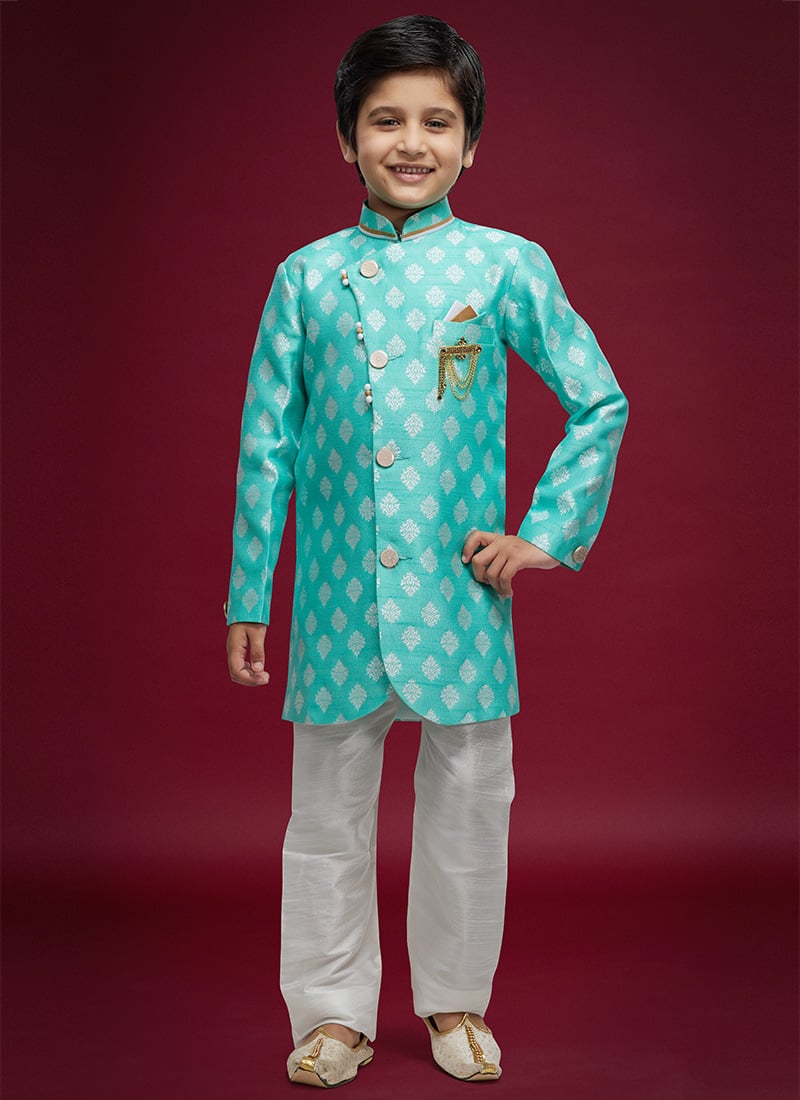Firozi Banarasi Jacquard Kids Boys Indowestern Sherwani Party Wear