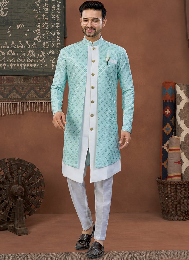Firozi Banarasi Silk Thread Embroidered Jacquard Indowestern Sherwani Wedding Wear